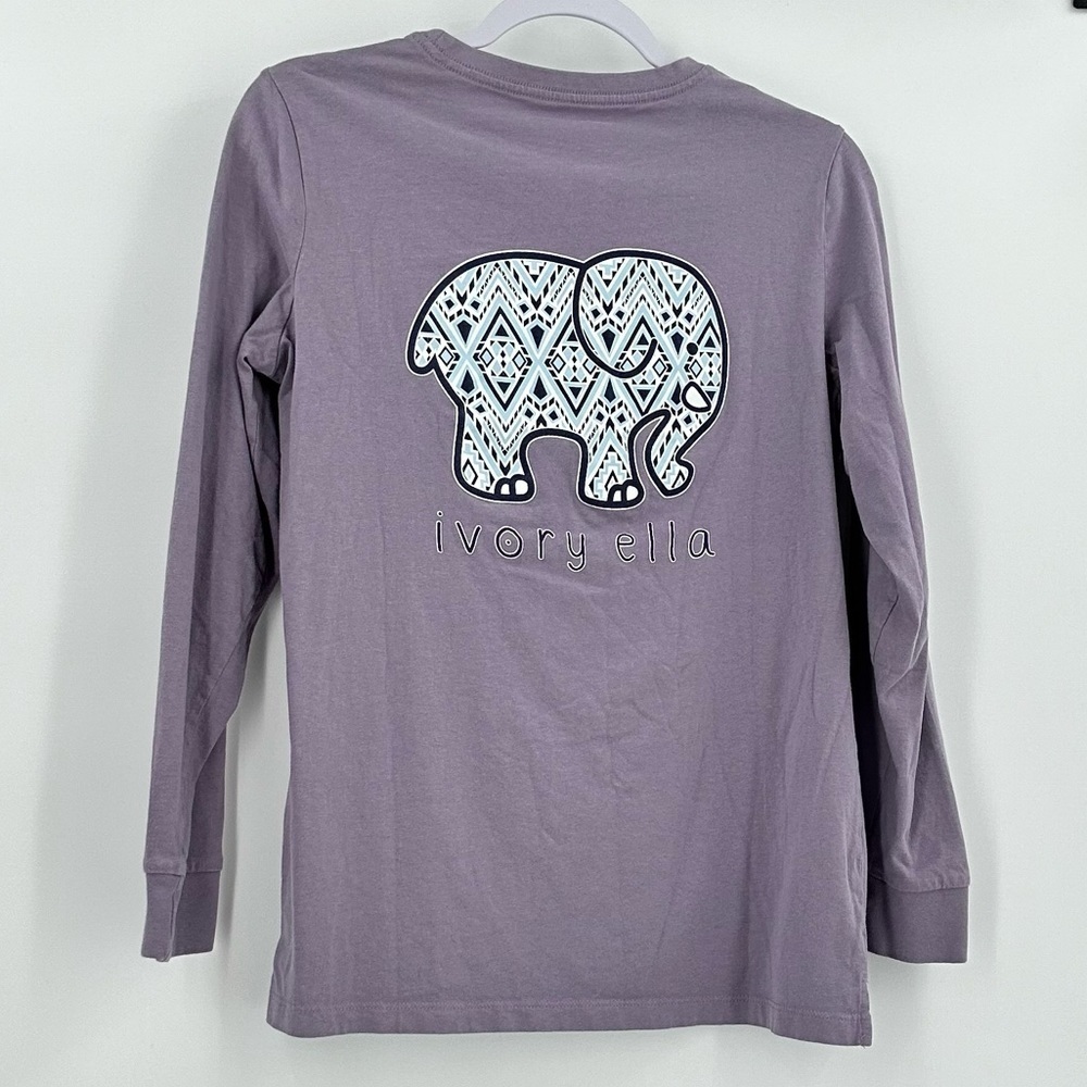 𝅺IVORY Ella Women’s Elephant Graphic Long Sleeve Lavender Tee Shirt Size Small